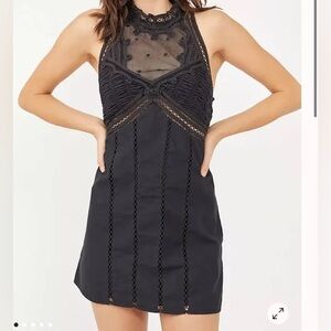 NWT Free People Valencia Sheer Lace Black Mini Dress 100% Cotton Size Large